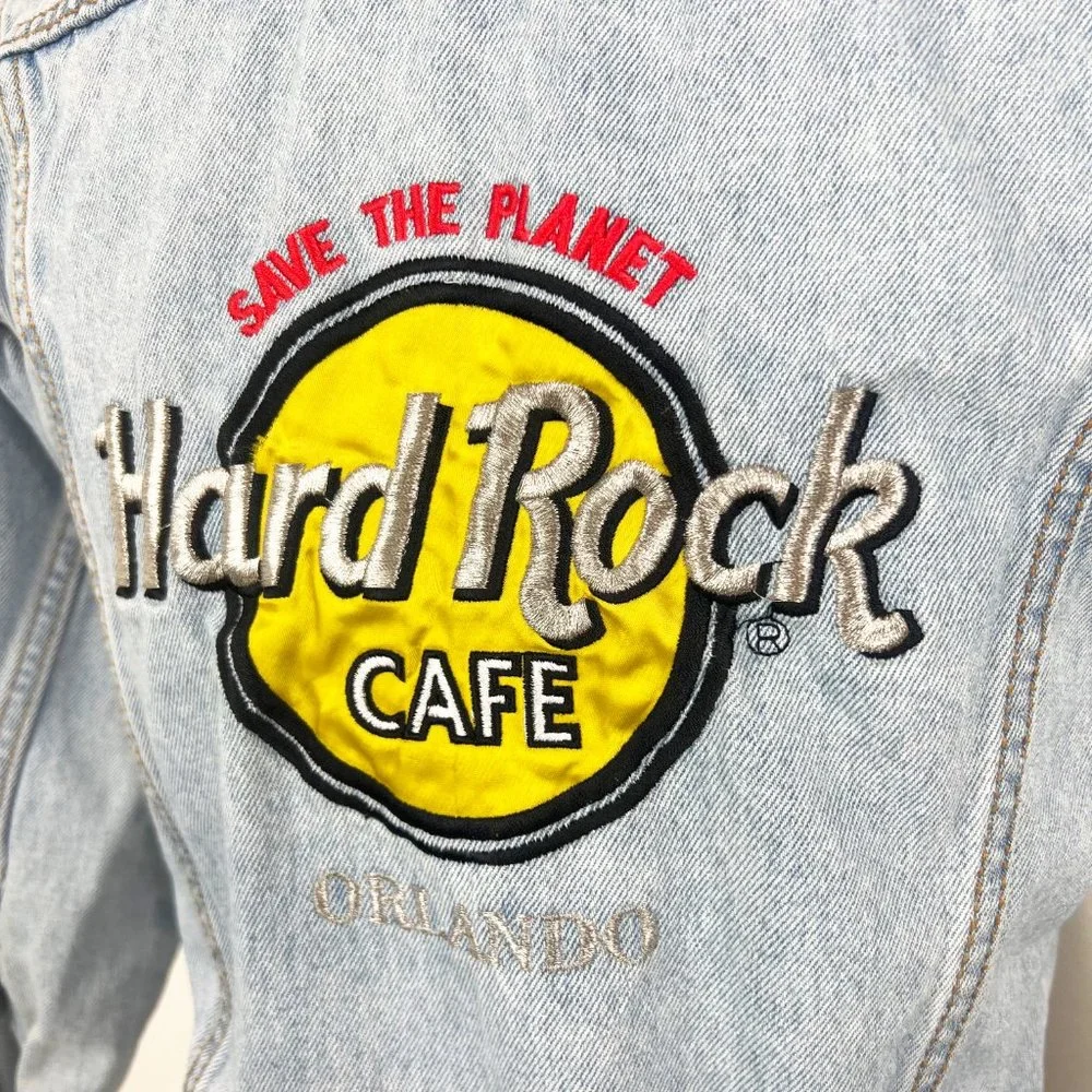 Vintage 90s Hard Rock Cafe Orlando Cropped Denim Jacket Youth 8 Embroidered Kids